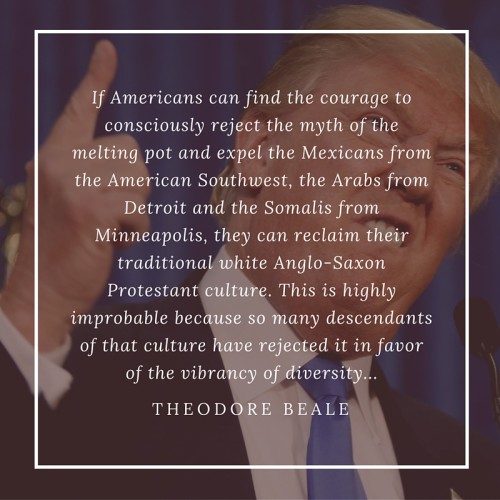 "If Americans can find the courage to consciously reject the myth of the melting pot and expel the Mexicans from the American Southwest, the Arabs from Detroit and the Somalis from Minneapolis, they can reclaim their traditional white Anglo-Saxon Protestant culture. This is highly improbable because so many descendants of that culture have rejected it in favor of the vibrancy of diversity..." Theodore Beale