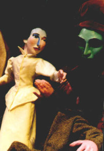 Puppets for "Between Two Worlds" painted in the style of Chagall