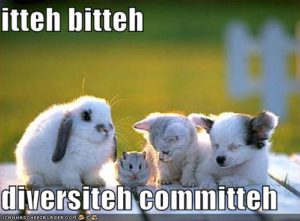 Baby bunny, chinchilla, kitten, and puppy with the words Iteh Bitteh diversiteh committeh