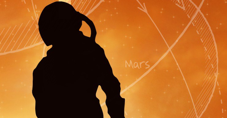 Cropped portion of THE FATED SKY cover, featuring the silhouette of an astronaut against an orange sky. Navigational diagrams are in the background, with the word Mars.