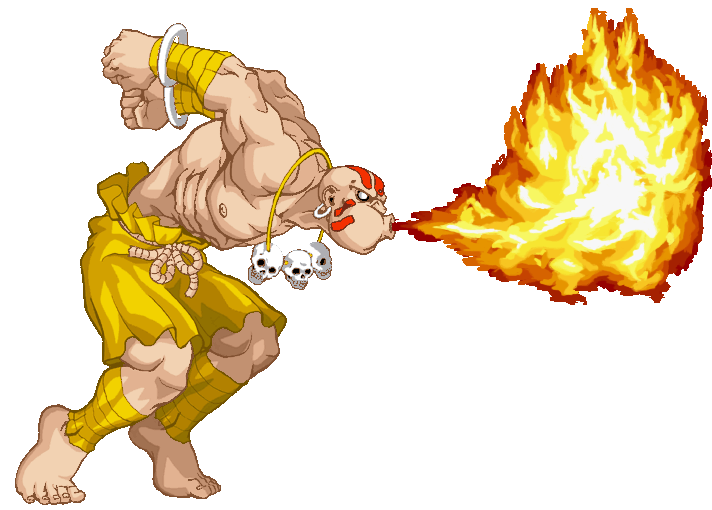 Image of buff cartoon man breathing fire