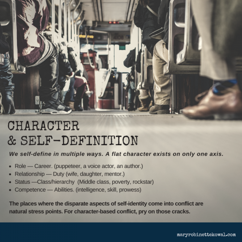 CHARACTER & SELF-DEFINITON: We self-define in multiple ways. A flat character exists on only one axis. Role — Career. (puppeteer, a voice actor, an author.) Relationship — Duty (wife, daughter, mentor.) Status —Class/hierarchy (Middle class, poverty, rockstar) Competence — Abilities. (intelligence, skill, prowess) The places where the disparate aspects of self-identity come into conflict are natural stress points. For character-based conflict, pry on those cracks.