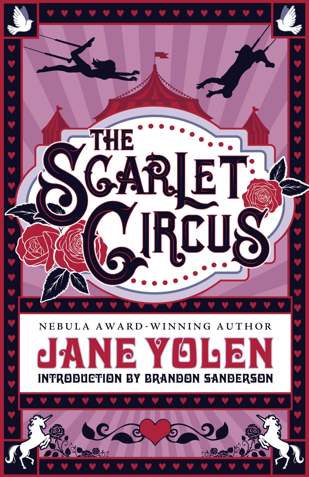 The cover of the book saying The Scarlet Circus by Jane Yolen with an introduction by Brandon Sanderson