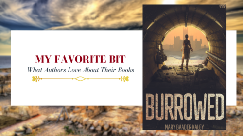 photo saying my favorite bit, what authors love about their book with a cover photo of the book burrowed by Mary Baader Kaley