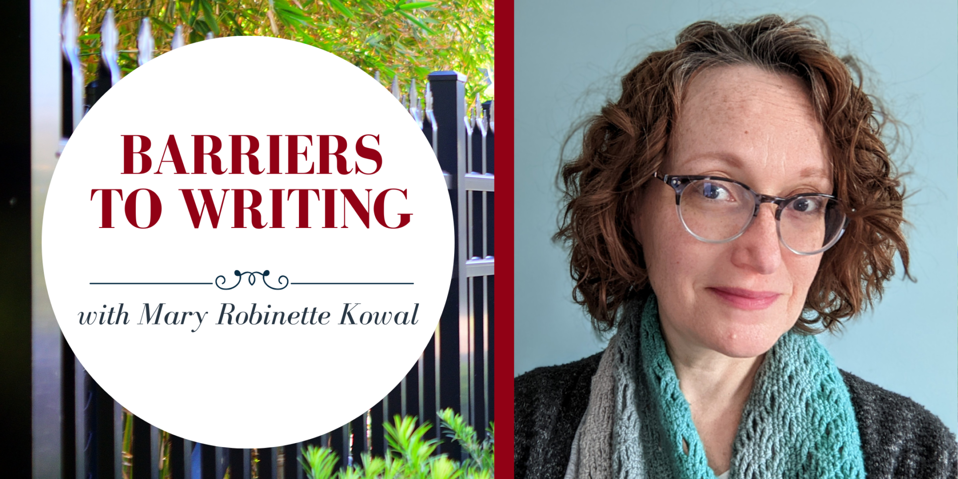 Banner saying Barriers to Writing with Mary Robinette Kowal on April 23rd at 3pm eastern