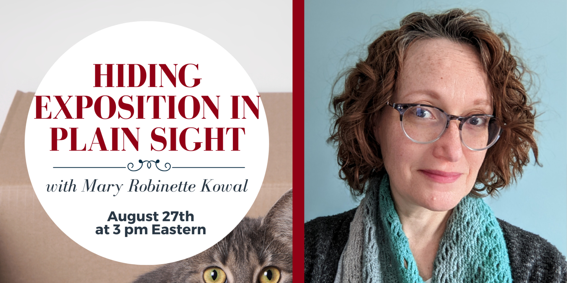 Banner saying Hiding exposition in plain sight with Mary Robinette Kowal on August 27th at 3pm eastern