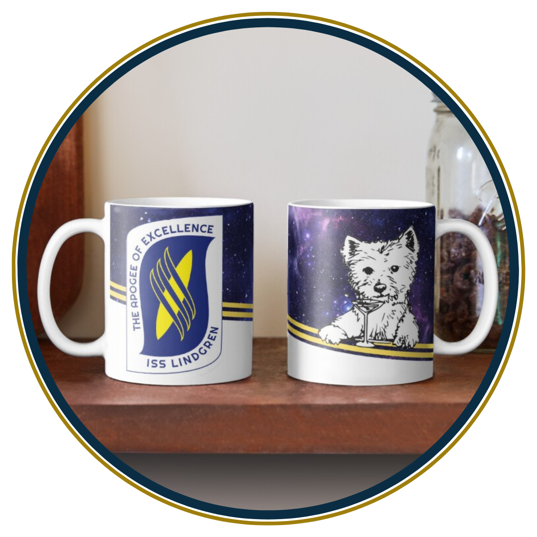 image of two mugs on a shelf. one mug has the logo of the spaceship the Lindgren and the other a picture of the westie named gimlet