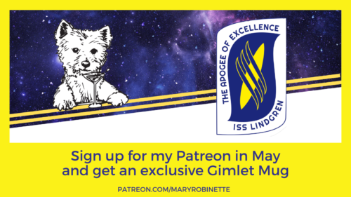 banner saying May Patreon sign up bonus with a picture of the westie Gimlet and the ship logo of the Lindgren from the book the Spare man