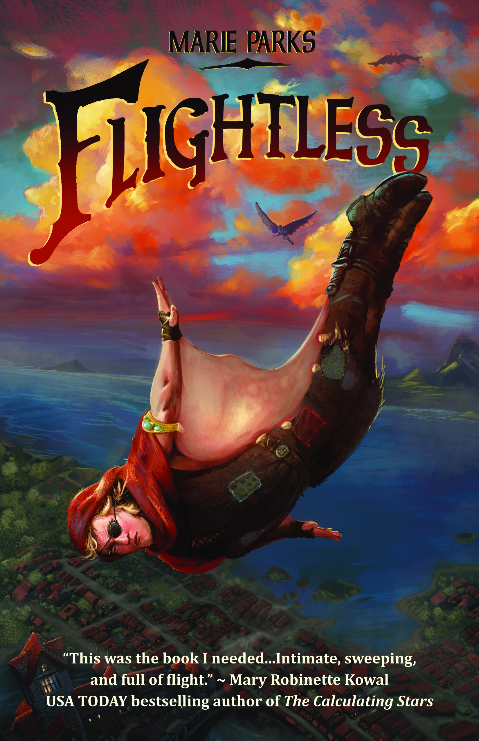 Cover of Flightless: Riff is front and center. He is a man with glidesheaths--flaps of skin extending from his arms and sides to help him glide. And he's showing off, gliding through the air. He wears a red hood and brown tattered clothing with patches galore and a knife in his boot. In the background is a beautiful sunset sky and a few Divians or flyers--people with wings. Below him is the City of Quilia, a town with red roofs and towers abutting a bay of blue water. The blurb at the bottom says, This was the book I needed... intimate, sweeping, and full of flight. -Mary Robinette Kowal, USA TODAY bestselling author of The Calculating Stars